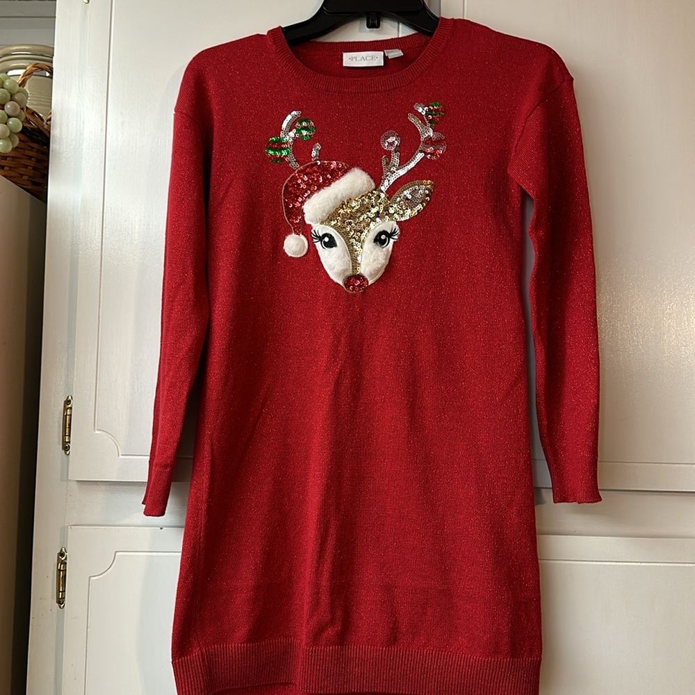 LIKE NEW CHILDREN’S PLACE REINDEER HOLIDAY SWEATER DRESS. Size 10/12. Red.